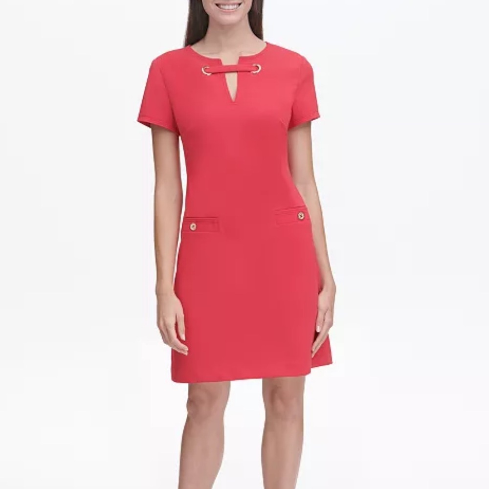 Tommy Hilfiger Scuba Crepe Grommet Top Pocket Dress Red